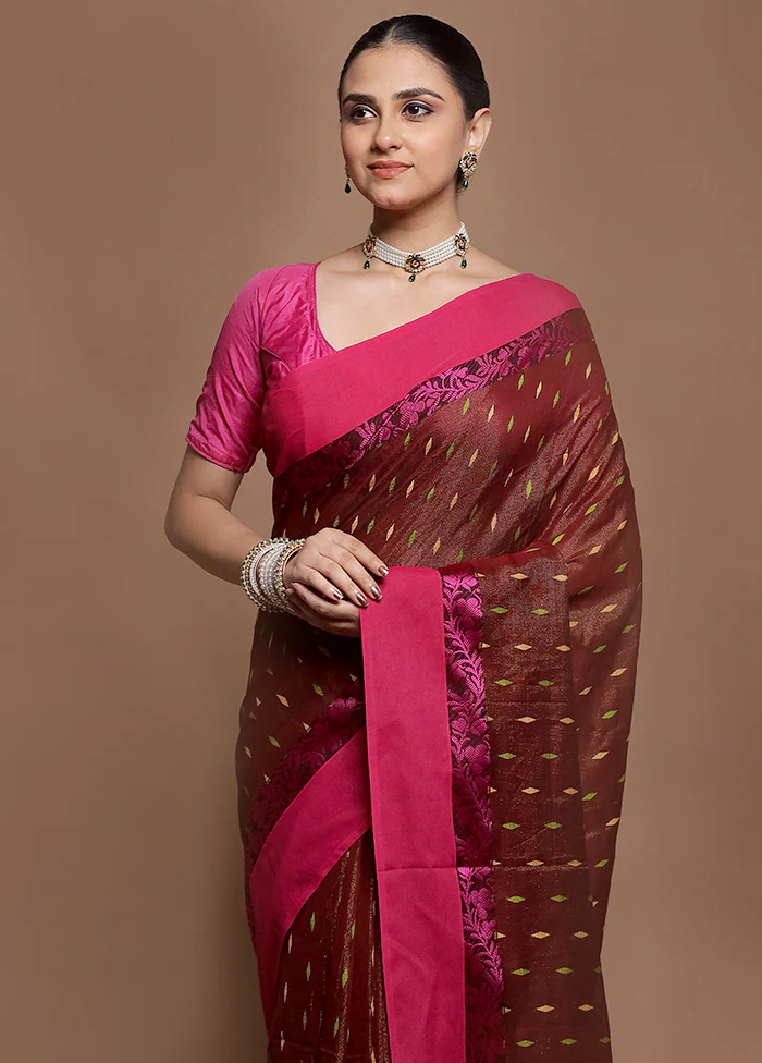 Brown Pure Cotton Saree With Blouse Piece - Image 2