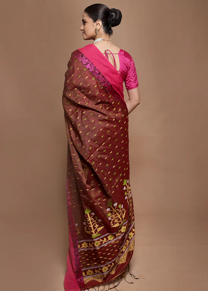 Brown Pure Cotton Saree With Blouse Piece - Image 3