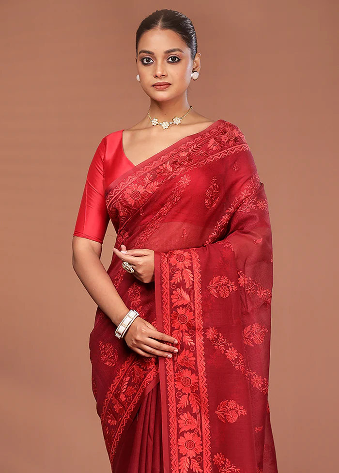 Maroon Pure Cotton Saree With Blouse Piece