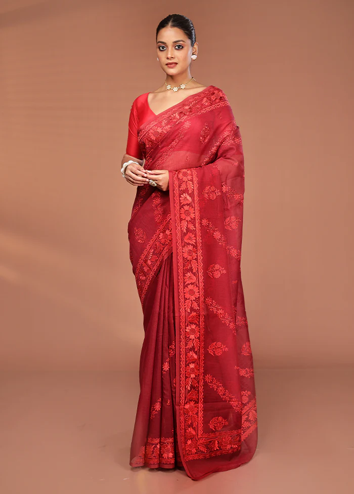 Maroon Pure Cotton Saree With Blouse Piece - Image 2