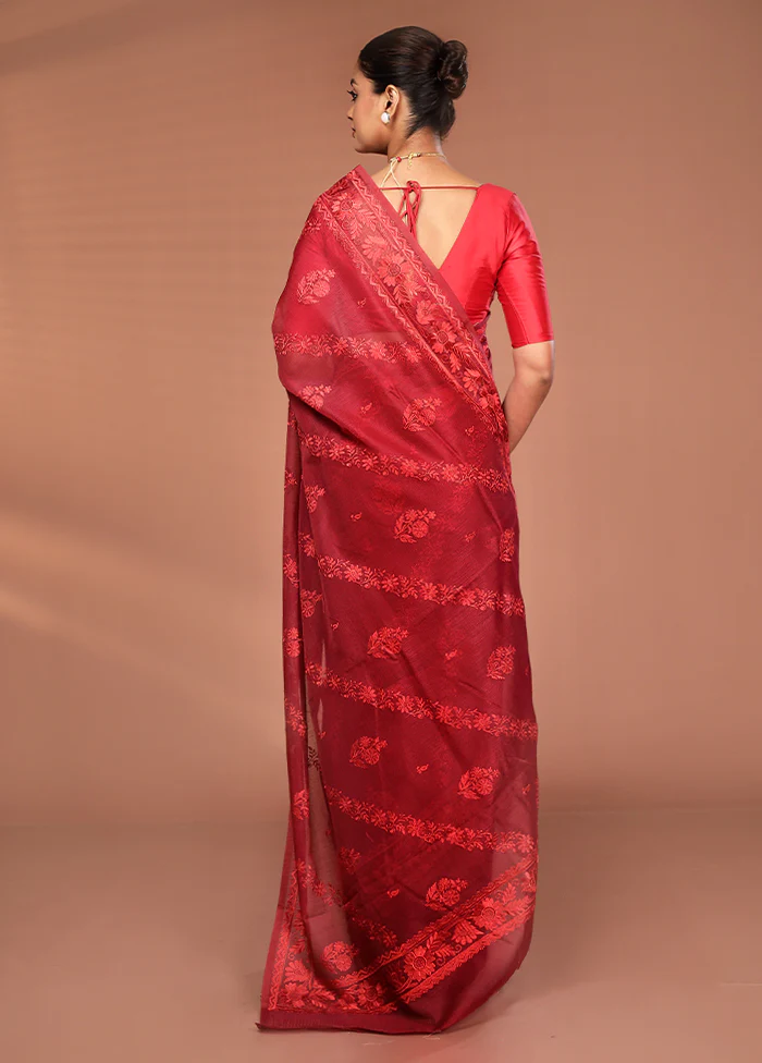 Maroon Pure Cotton Saree With Blouse Piece - Image 3