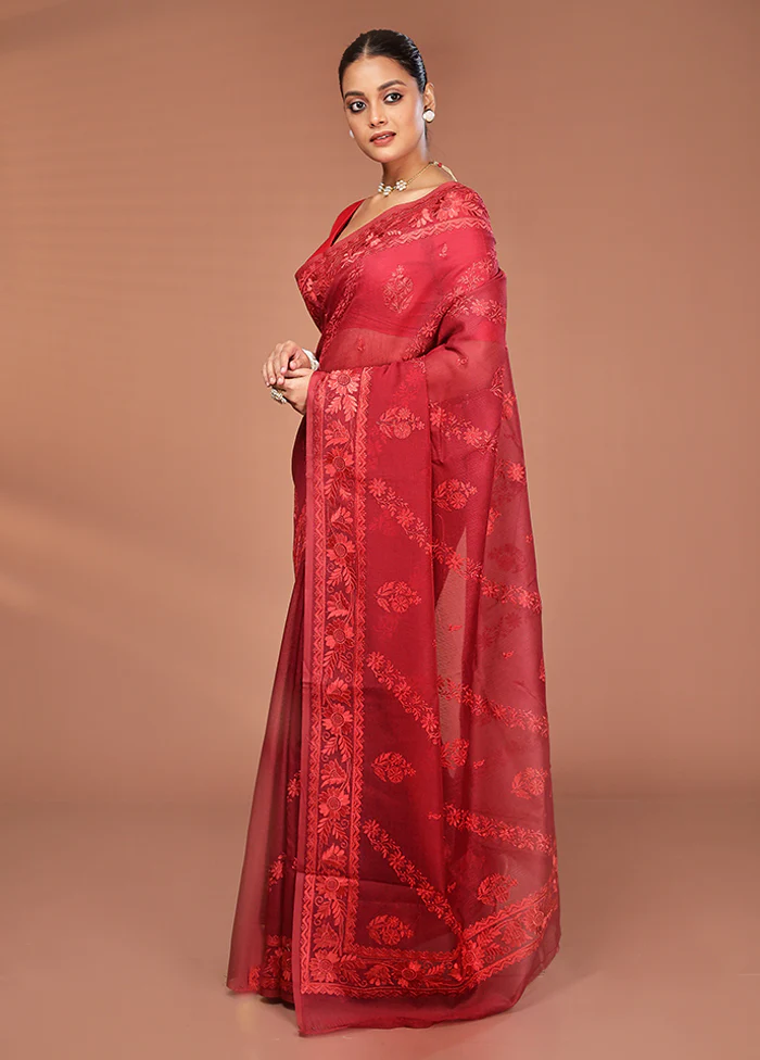Maroon Pure Cotton Saree With Blouse Piece - Image 4