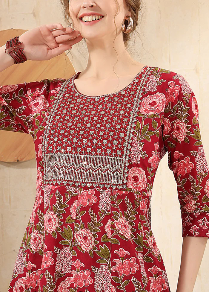Maroon Readymade Cotton Long Kurti - Image 3