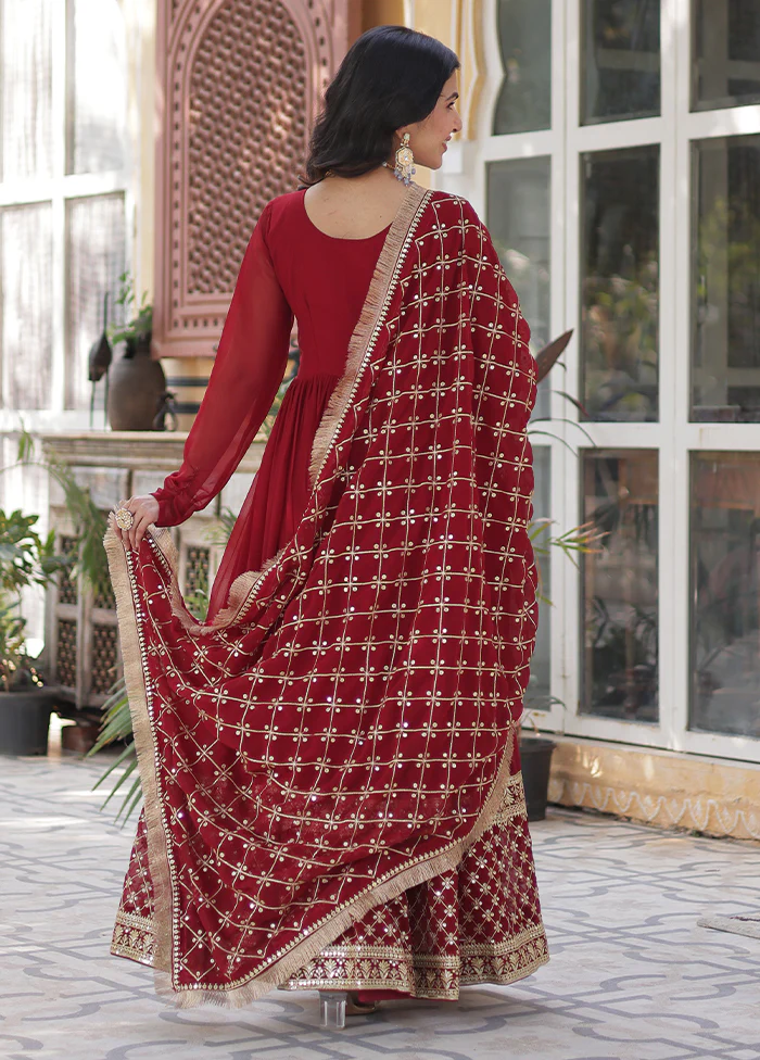 Maroon Readymade Georgette Dupatta Long Gown - Image 3