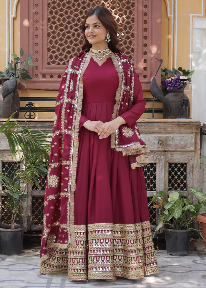 Maroon Readymade Georgette Dupatta Indian Dress