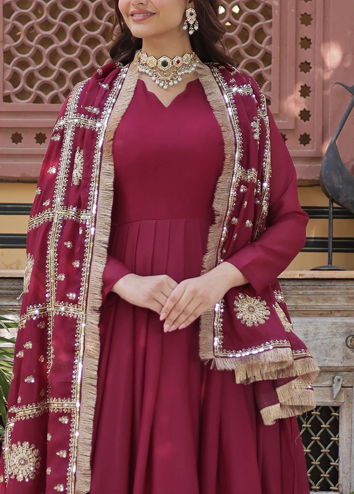 Maroon Readymade Georgette Dupatta Indian Dress - Image 3
