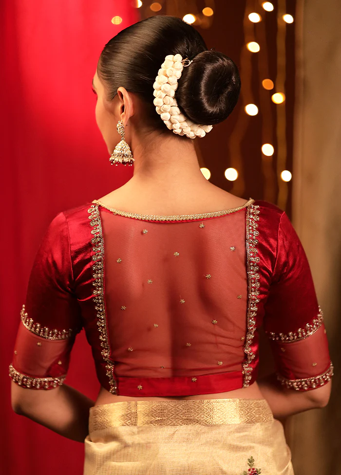 Maroon Satin Designer Blouse - Image 2