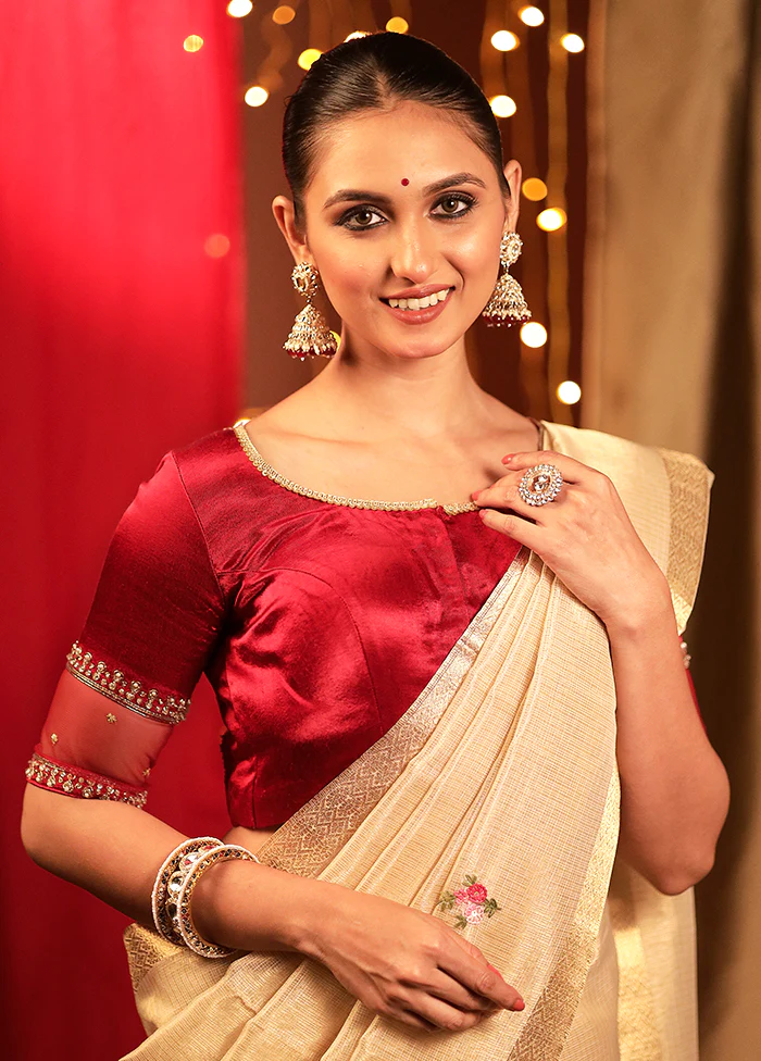 Maroon Satin Designer Blouse - Image 3