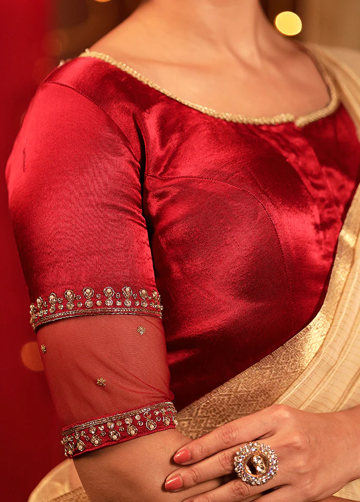 Maroon Satin Designer Blouse - Image 4