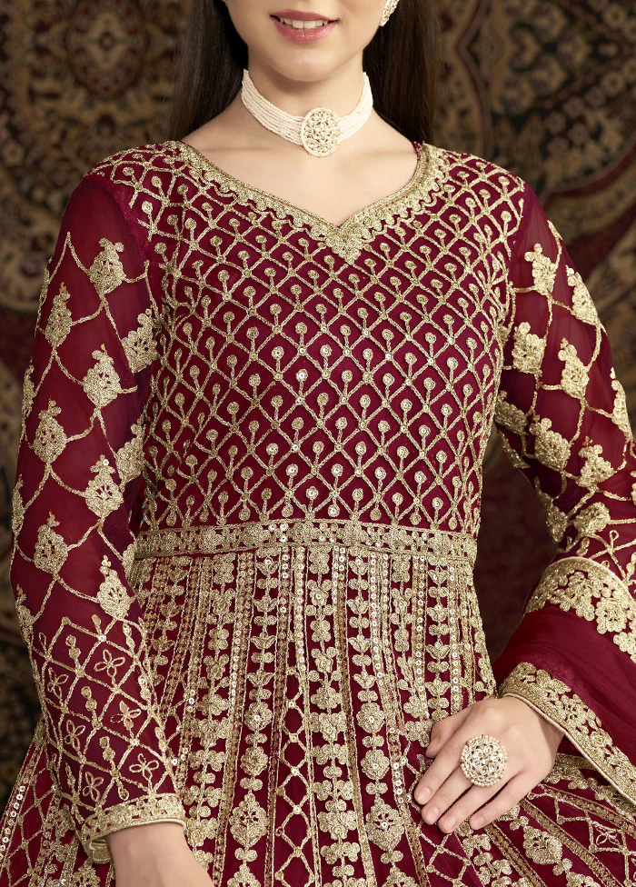 Maroon Semi Stitched Net Dupatta Indian Dress - Image 3