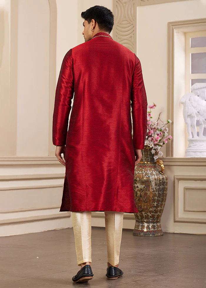 Maroon Silk Kurta & Pajama Set - Image 3