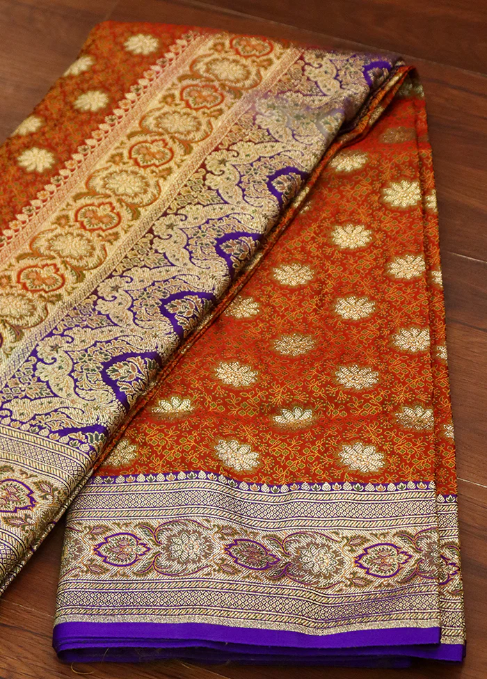 Orange Tanchoi Silk Saree With Blouse Piece - Image 4