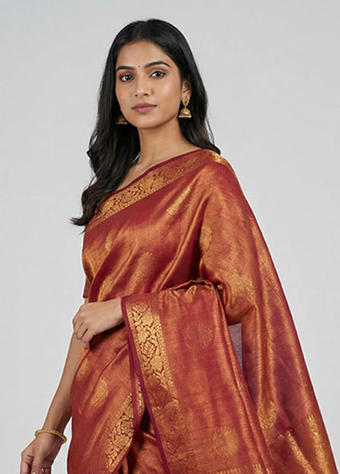 Maroon Tissue Silk Saree With Blouse Piece - Image 2