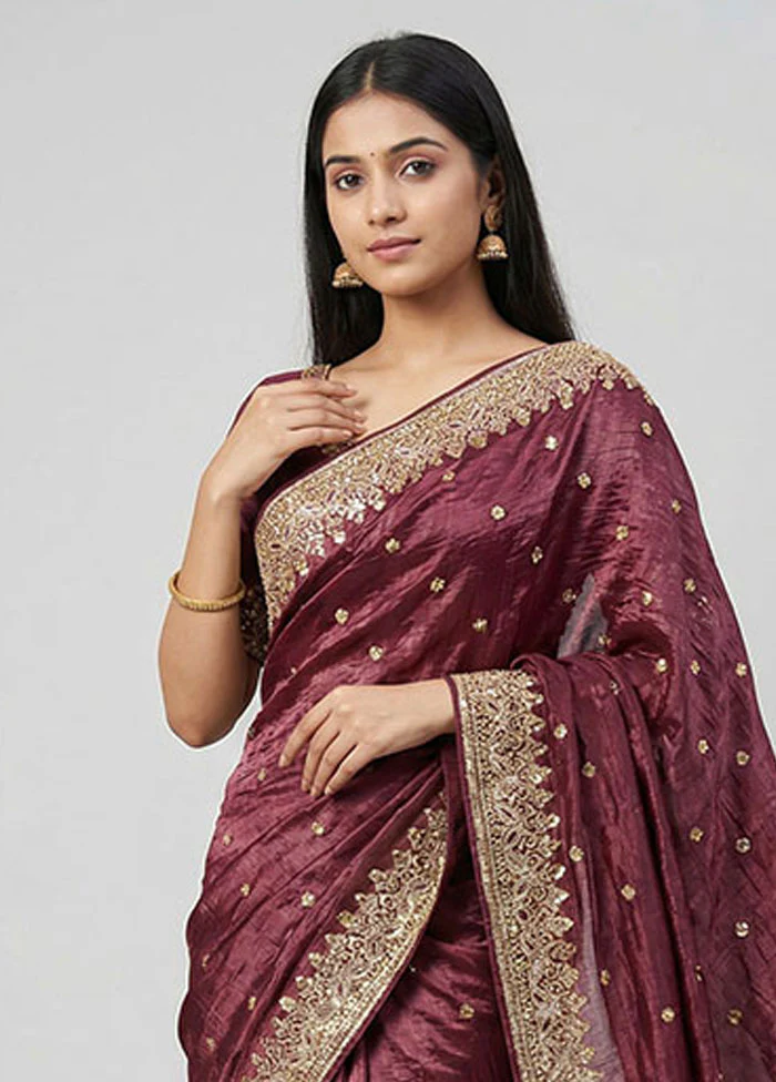 Maroon Tissue Silk Saree With Blouse Piece - Image 2