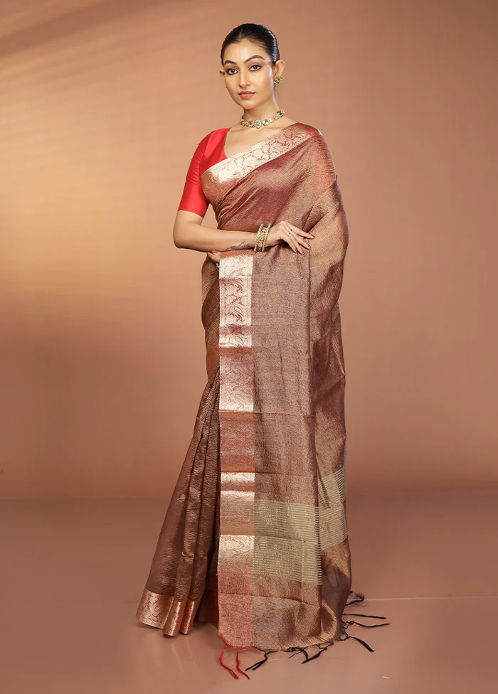 Maroon Tissue Silk Saree With Blouse Piece - Image 4