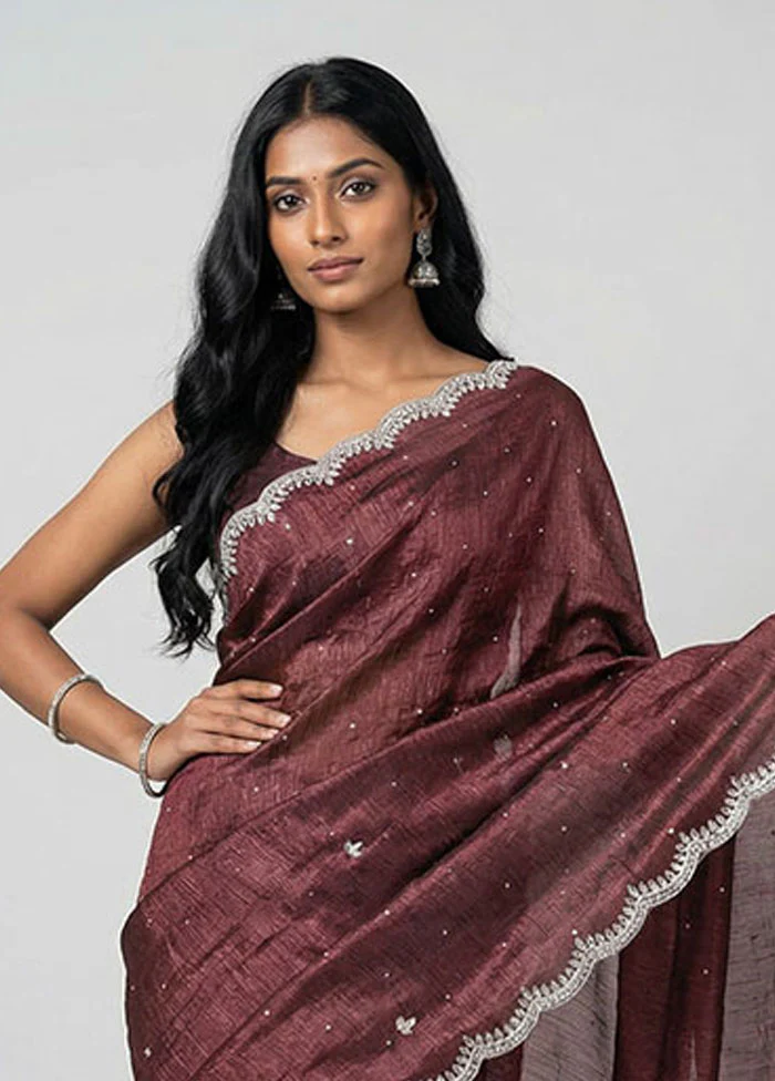 Maroon Tissue Silk Saree With Blouse Piece - Image 2