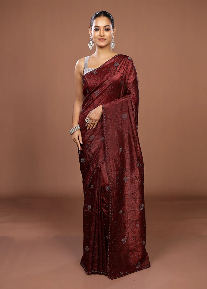 Maroon Tissue Silk Saree With Blouse Piece - Image 2