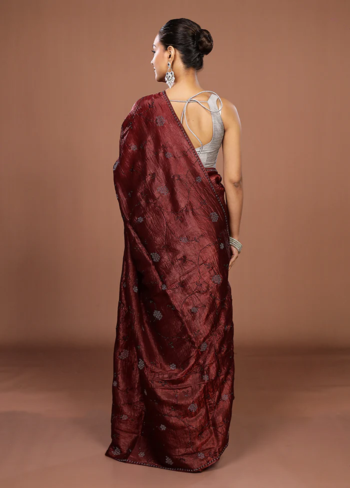 Maroon Tissue Silk Saree With Blouse Piece - Image 3