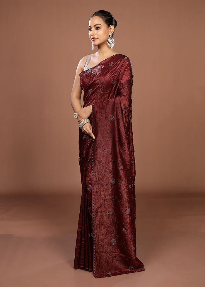 Maroon Tissue Silk Saree With Blouse Piece - Image 4