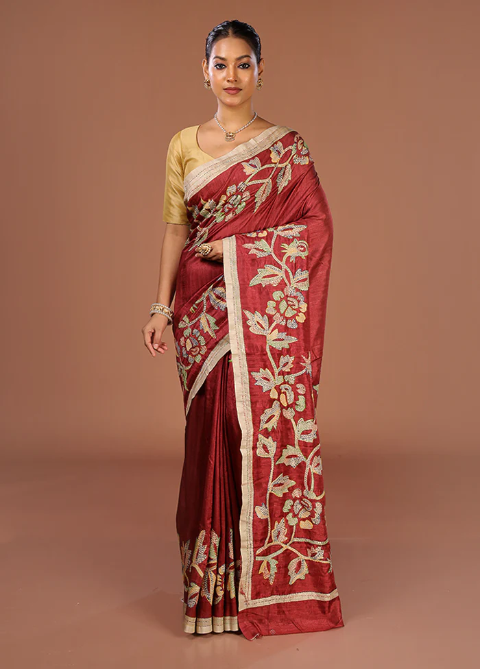 Maroon Tussar Silk Saree With Blouse Piece - Image 2