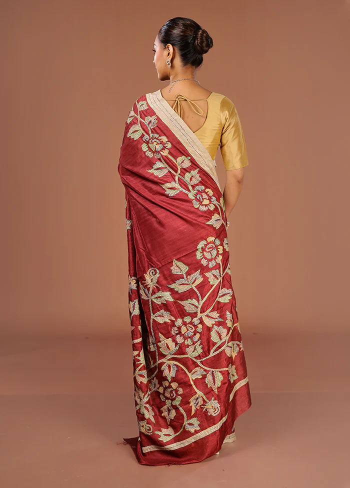 Maroon Tussar Silk Saree With Blouse Piece - Image 3