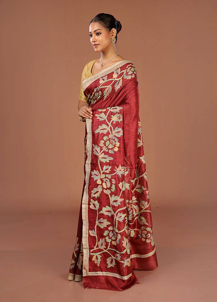 Maroon Tussar Silk Saree With Blouse Piece - Image 4