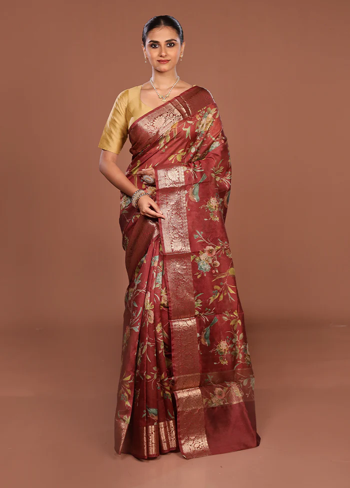 Maroon Tussar Silk Saree With Blouse Piece - Image 2