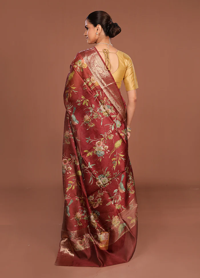 Maroon Tussar Silk Saree With Blouse Piece - Image 3