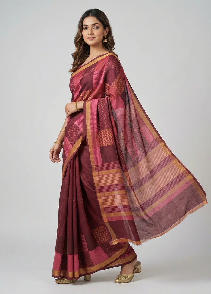 Maroon Tussar Silk Saree With Blouse Piece