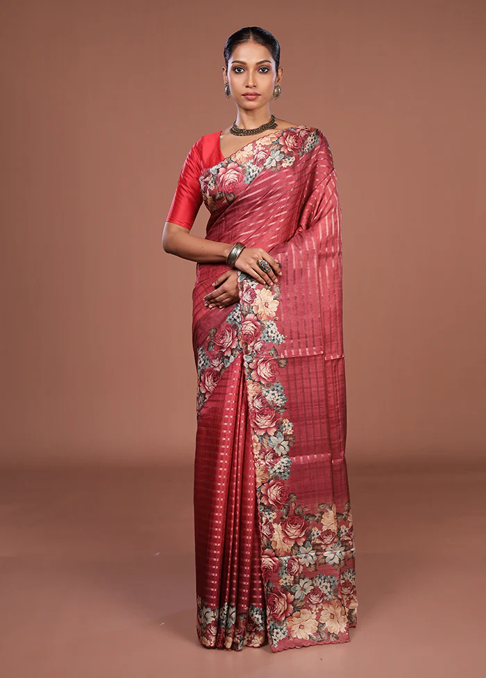 Maroon Tussar Silk Saree With Blouse Piece - Image 2