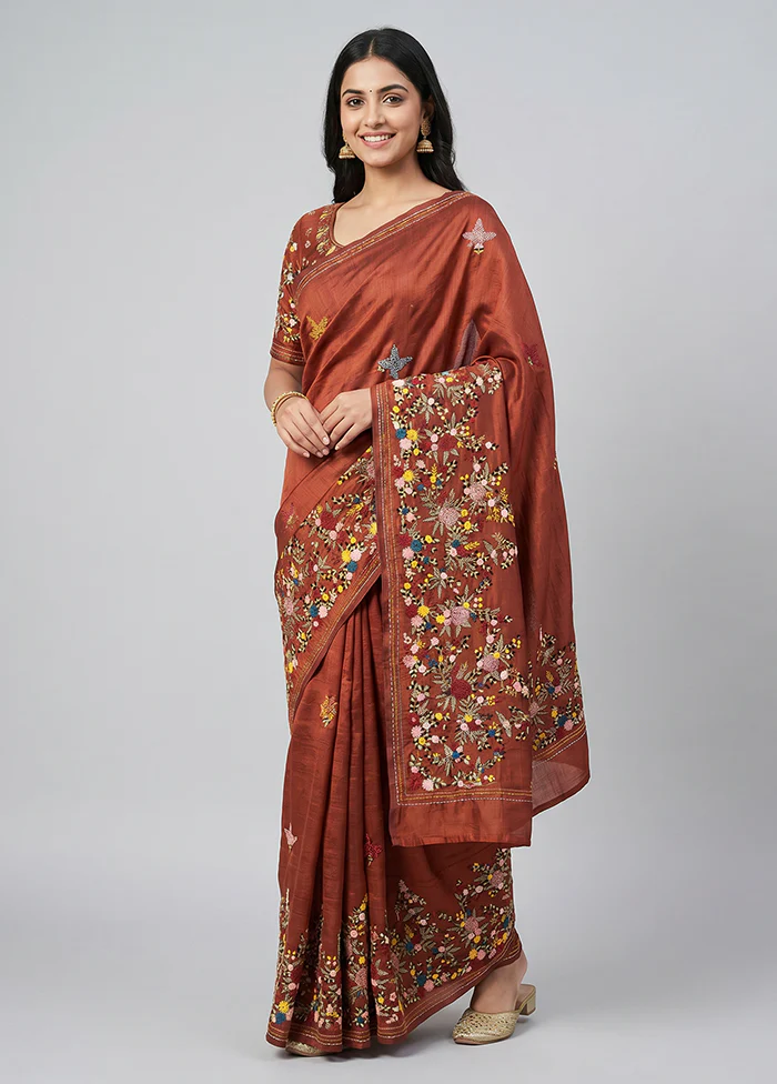 Maroon Tussar Silk Saree With Blouse Piece