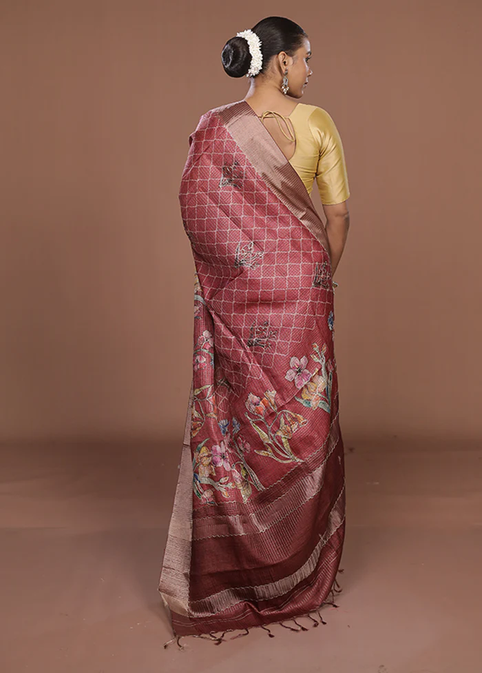 Maroon Tussar Silk Saree With Blouse Piece - Image 3