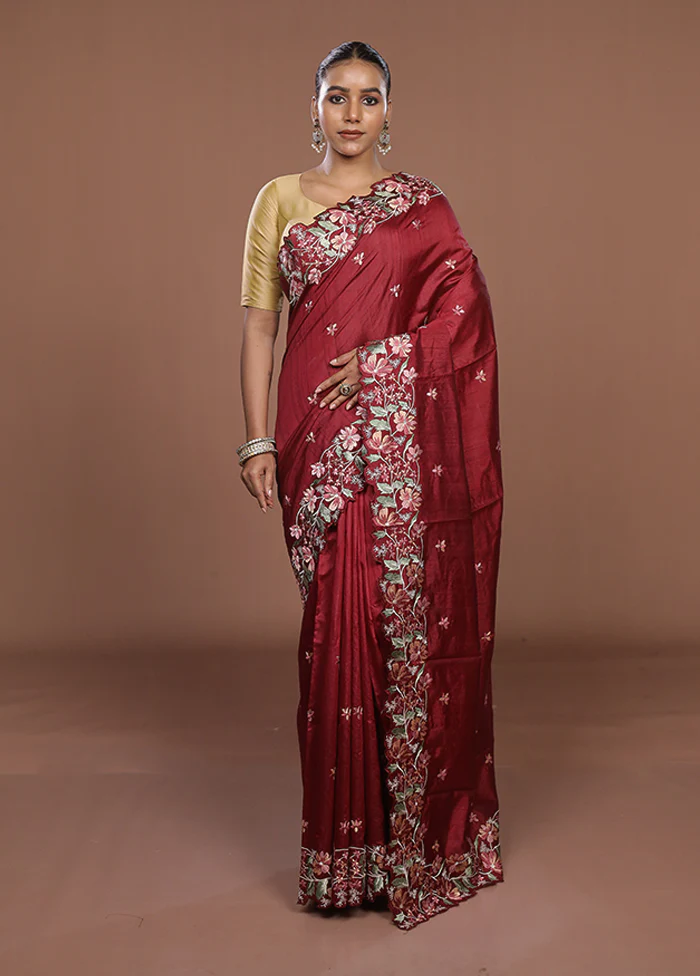 Maroon Tussar Silk Saree With Blouse Piece - Image 2