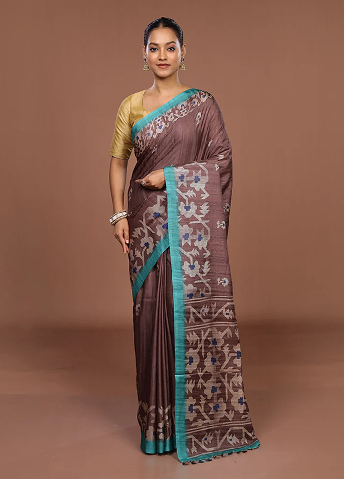 Maroon Tussar Silk Saree With Blouse Piece - Image 2