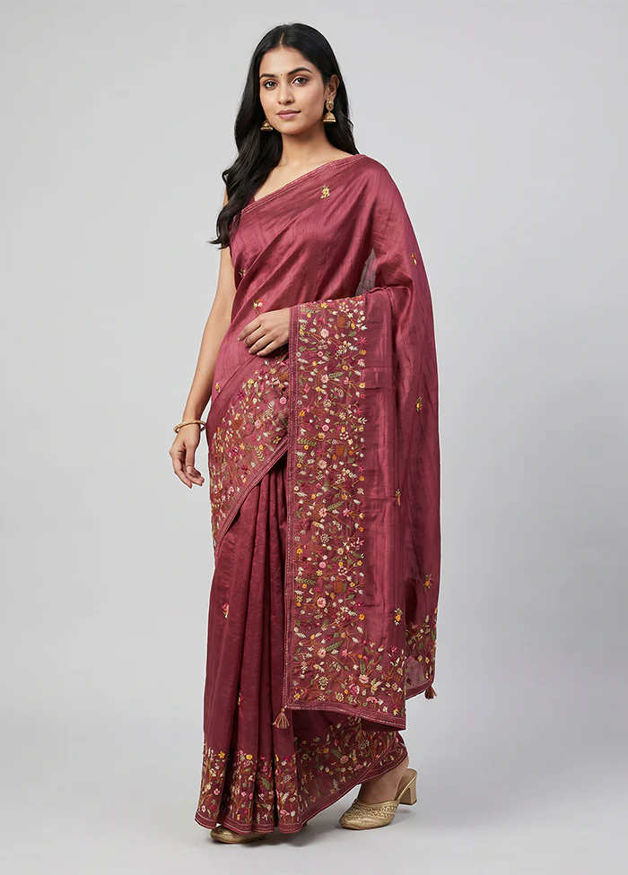 Maroon Tussar Silk Saree With Blouse Piece