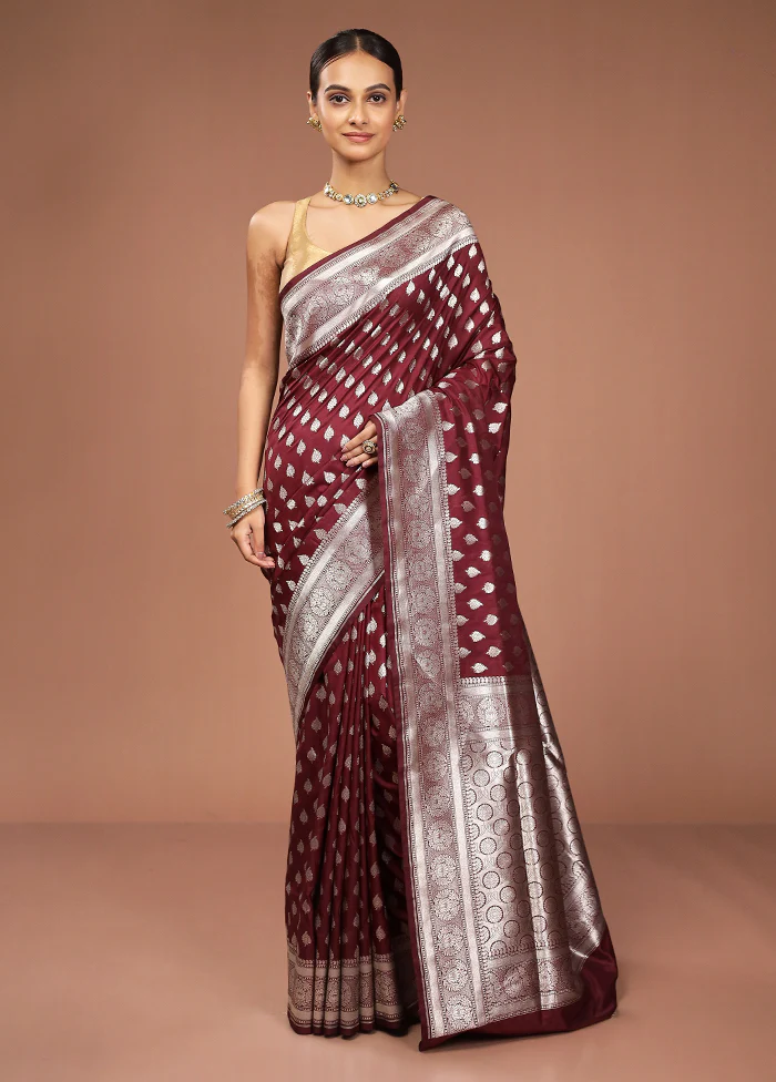 Maroon Uppada Silk Saree With Blouse Piece - Image 2