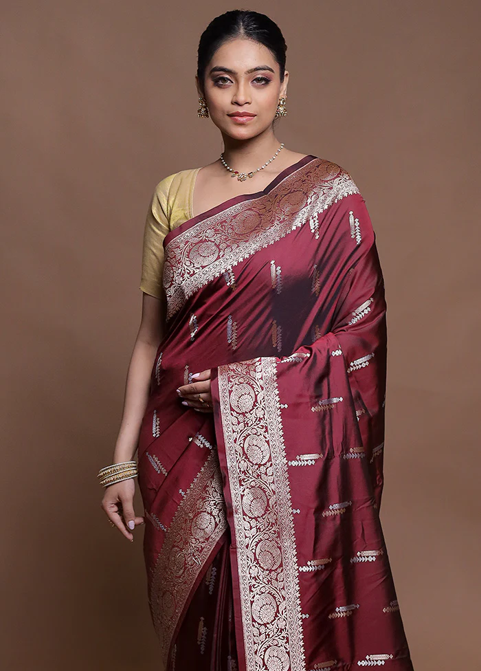 Maroon Uppada Silk Saree With Blouse Piece - Image 2
