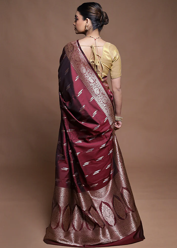 Maroon Uppada Silk Saree With Blouse Piece - Image 3