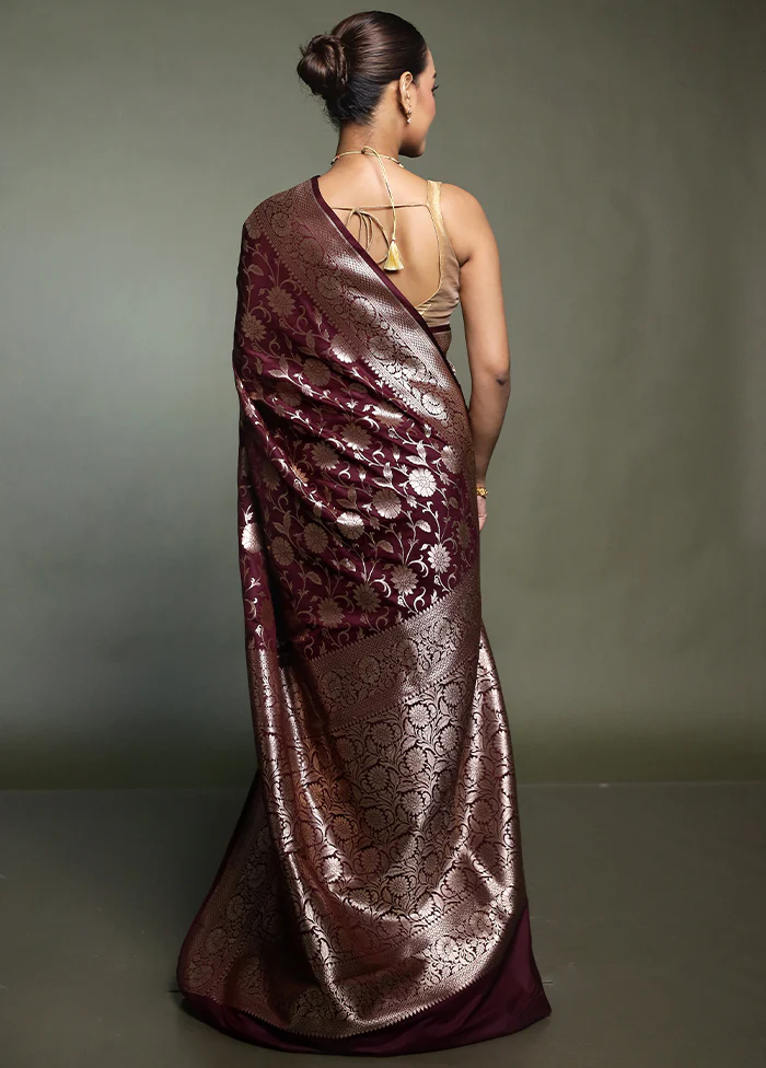 Maroon Uppada Silk Saree With Blouse Piece - Image 3