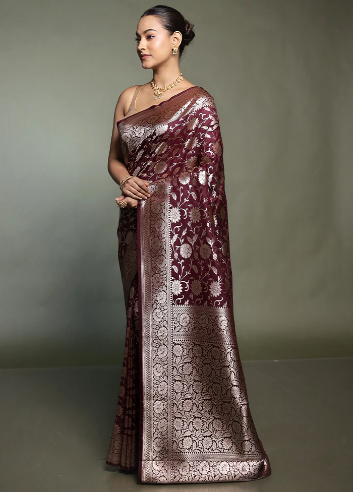 Maroon Uppada Silk Saree With Blouse Piece - Image 4