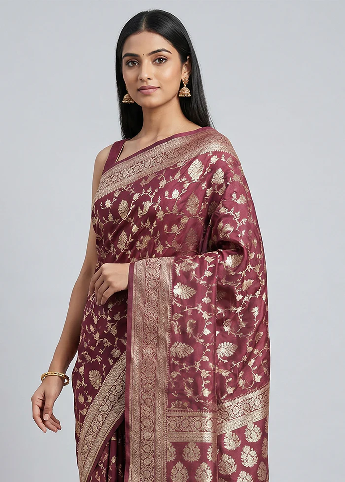 Maroon Uppada Silk Saree With Blouse Piece - Image 2