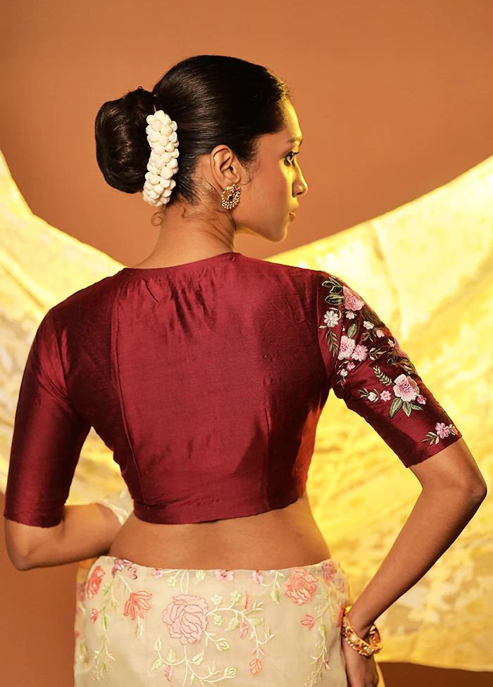 Maroon V Neck Designer Blouse Piece - Image 2
