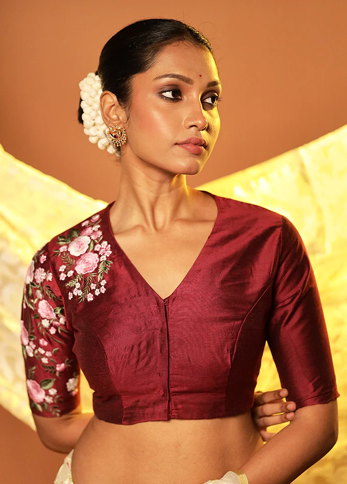 Maroon V Neck Designer Blouse Piece - Image 3