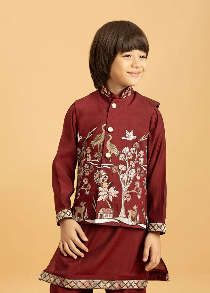 Maroon Viscose Kurta & Pajama Set - Image 2