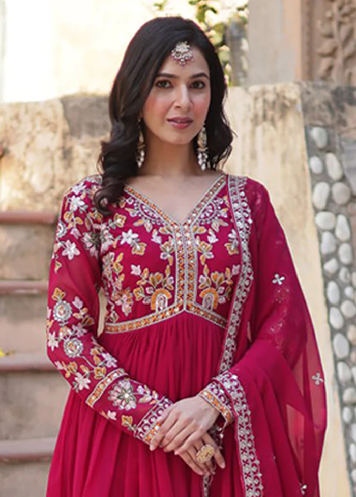Maroon Woven Work Silk Gown With Dupatta - Image 2