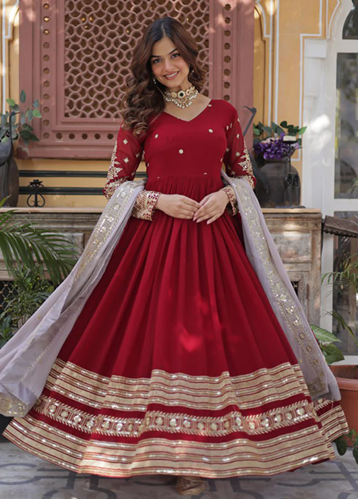 Maroon Woven Work Silk Gown With Dupatta