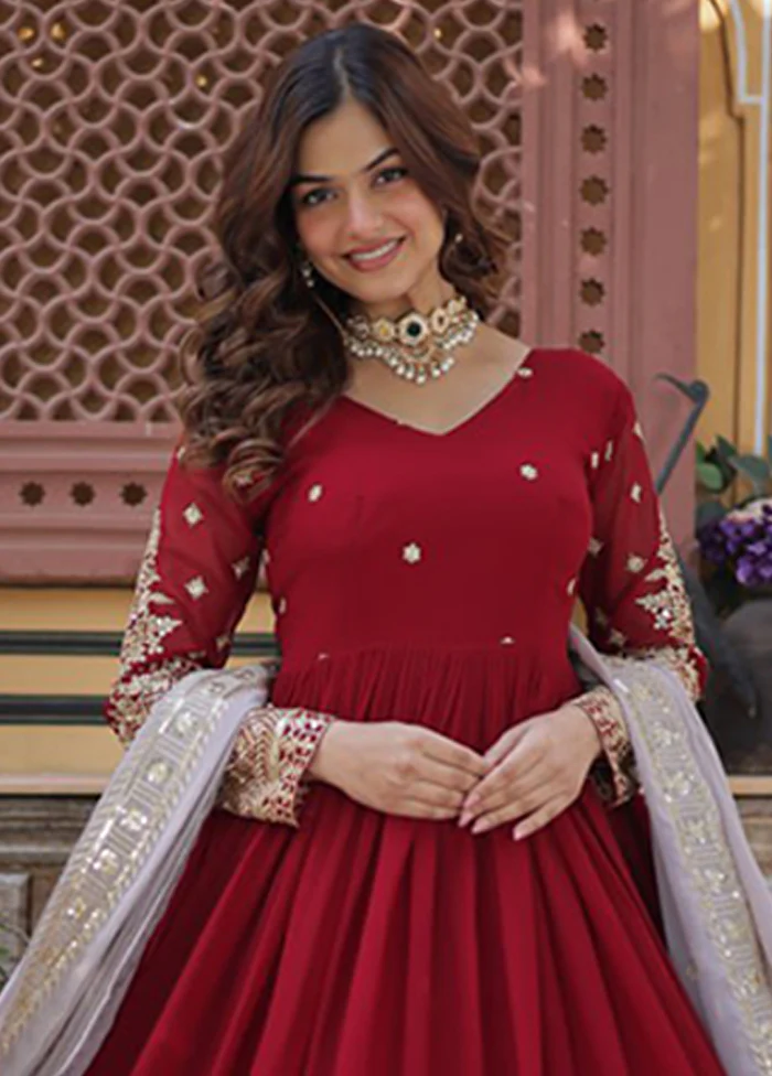 Maroon Woven Work Silk Gown With Dupatta - Image 2