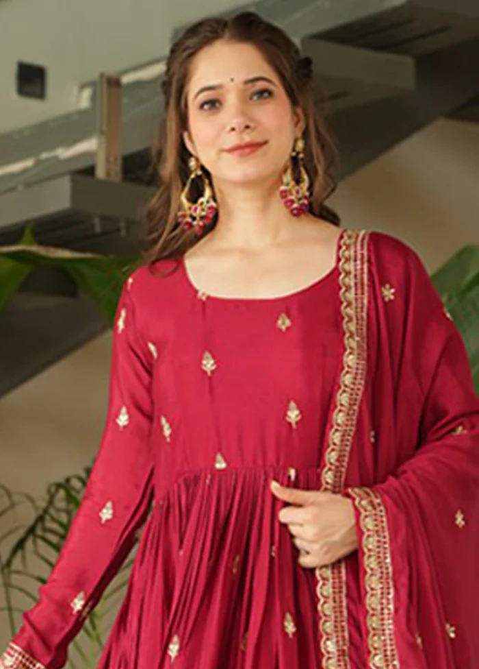 Maroon Woven Work Silk Gown With Dupatta - Image 2