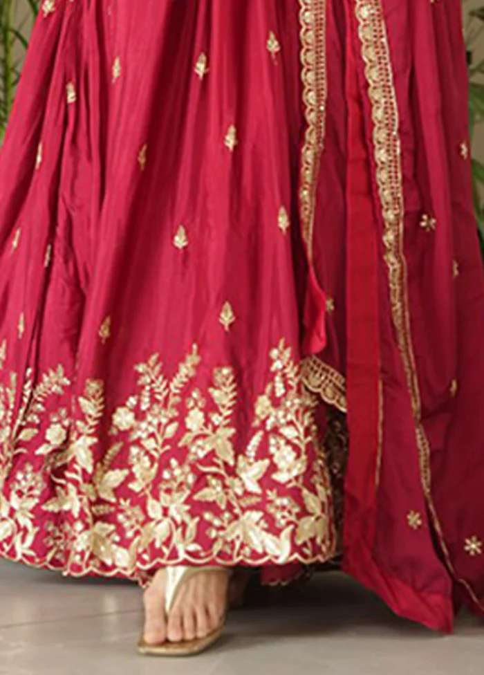 Maroon Woven Work Silk Gown With Dupatta - Image 3