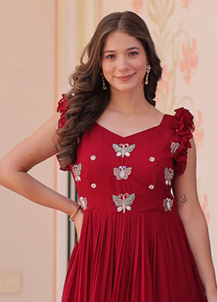 Maroon Woven Work Silk Gown - Image 2